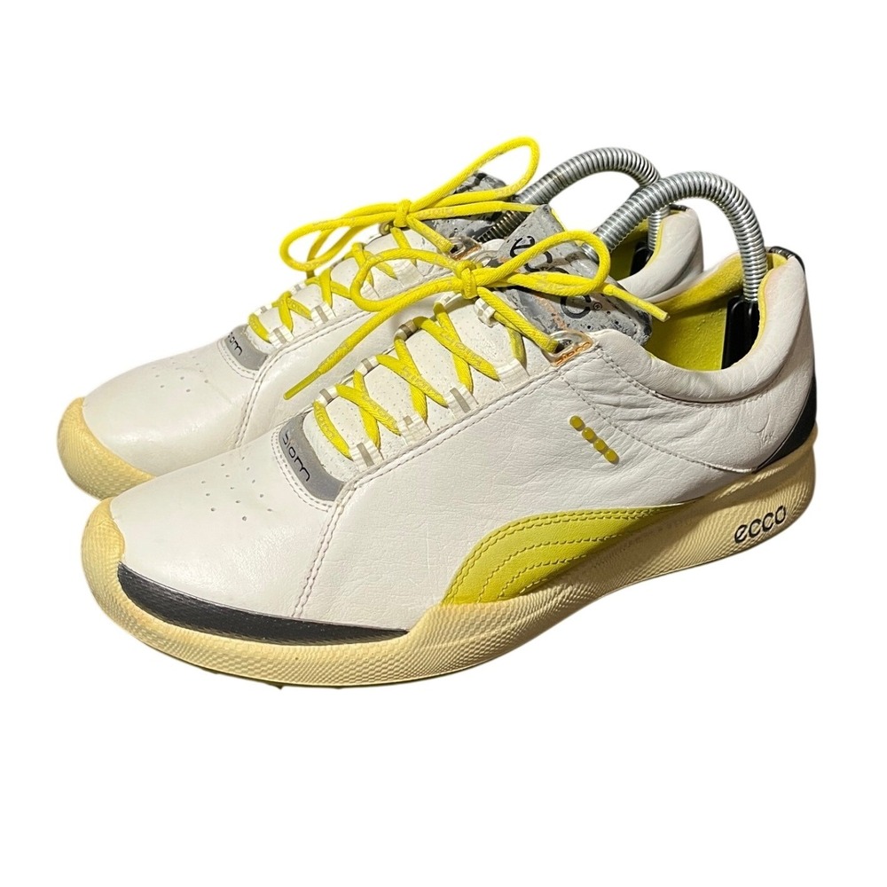 ECCO Biom‎ Golf Shoes Womens 40 White Yellow Spikeless Leather Athletic Sneakers
